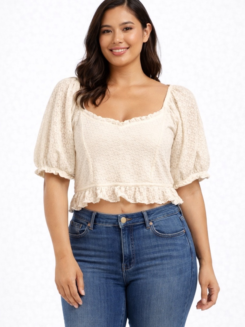 Jessica Simpson White Lace Crop Top | Boho Puff Sleeve Ruffle Hem Blouse Size L